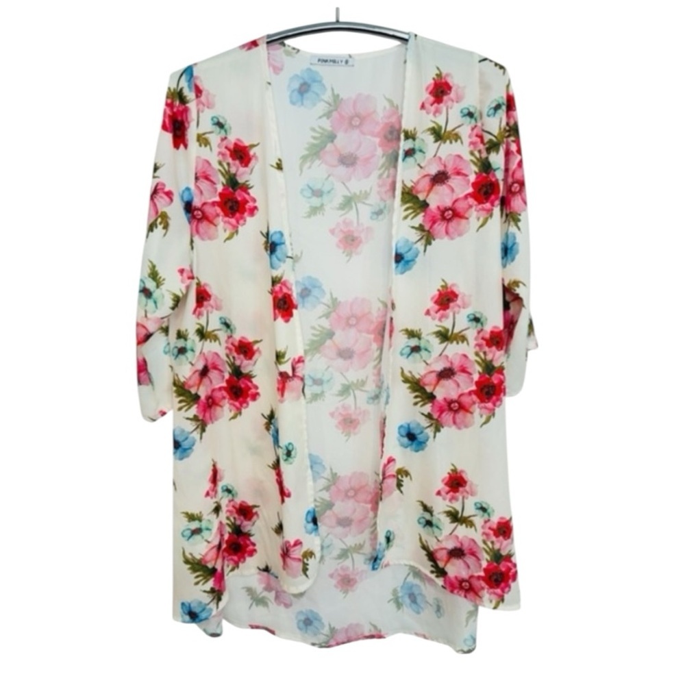 PINK MILLY WHITE PINK FLORAL CHIFFON KIMONO CARDIGAN, Size S